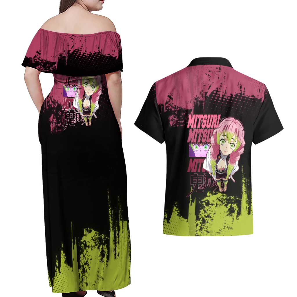 Mitsuri Kanroji Demon Slayer Pink and Green Grunge Design Couples Matching Off Shoulder Maxi Dress and Hawaiian Shirt with Heart Eyes and Playful Pose - The Mazicc