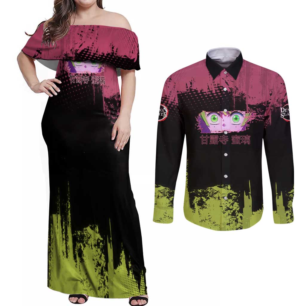 Mitsuri Kanroji Demon Slayer Pink and Green Grunge Design Couples Matching Off Shoulder Maxi Dress and Long Sleeve Button Shirt with Heart Eyes and Playful Pose - The Mazicc