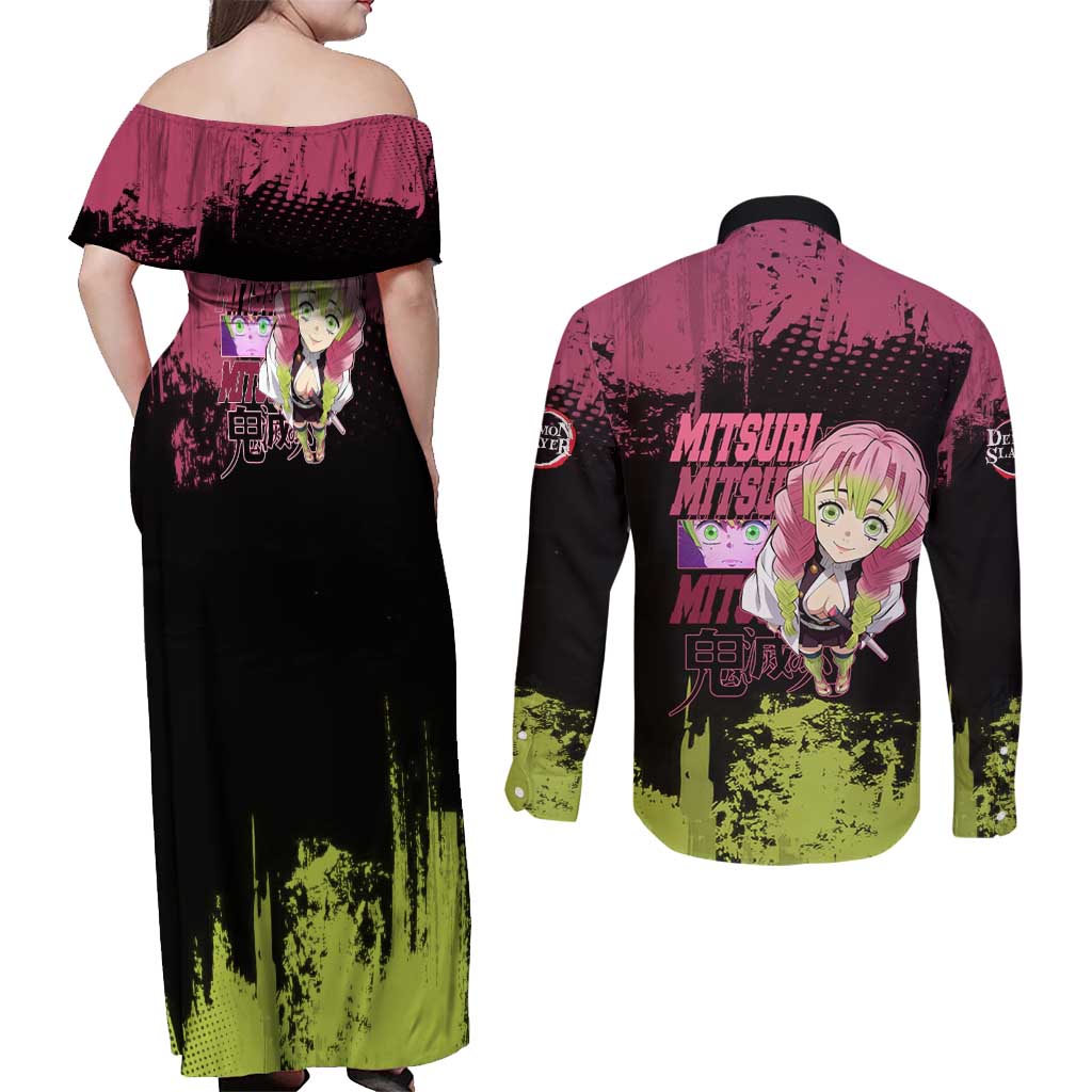 Mitsuri Kanroji Demon Slayer Pink and Green Grunge Design Couples Matching Off Shoulder Maxi Dress and Long Sleeve Button Shirt with Heart Eyes and Playful Pose - The Mazicc