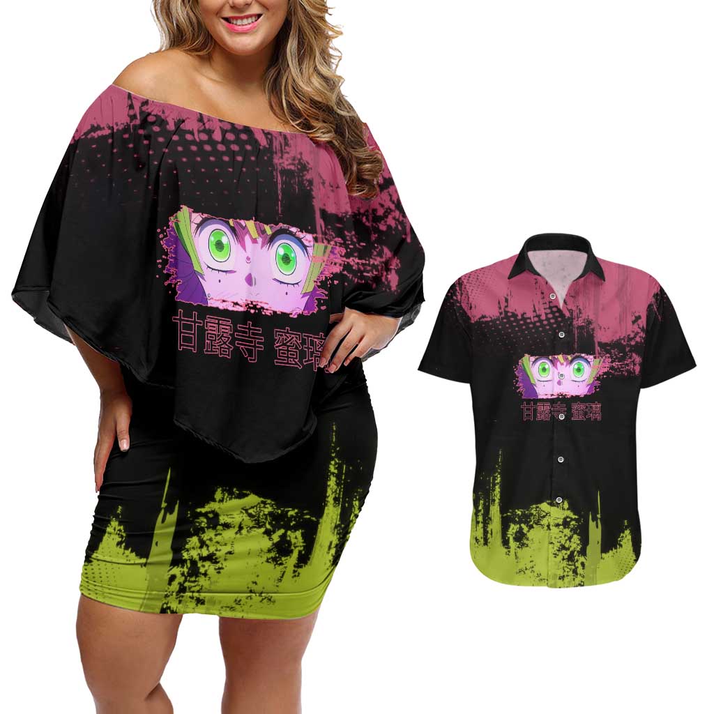 Mitsuri Kanroji Demon Slayer Pink and Green Grunge Design Couples Matching Off Shoulder Short Dress and Hawaiian Shirt with Heart Eyes and Playful Pose - The Mazicc