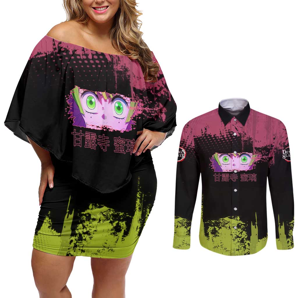 Mitsuri Kanroji Demon Slayer Pink and Green Grunge Design Couples Matching Off Shoulder Short Dress and Long Sleeve Button Shirt with Heart Eyes and Playful Pose - The Mazicc