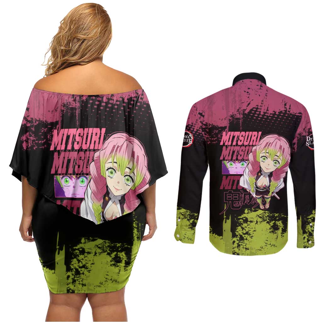 Mitsuri Kanroji Demon Slayer Pink and Green Grunge Design Couples Matching Off Shoulder Short Dress and Long Sleeve Button Shirt with Heart Eyes and Playful Pose - The Mazicc