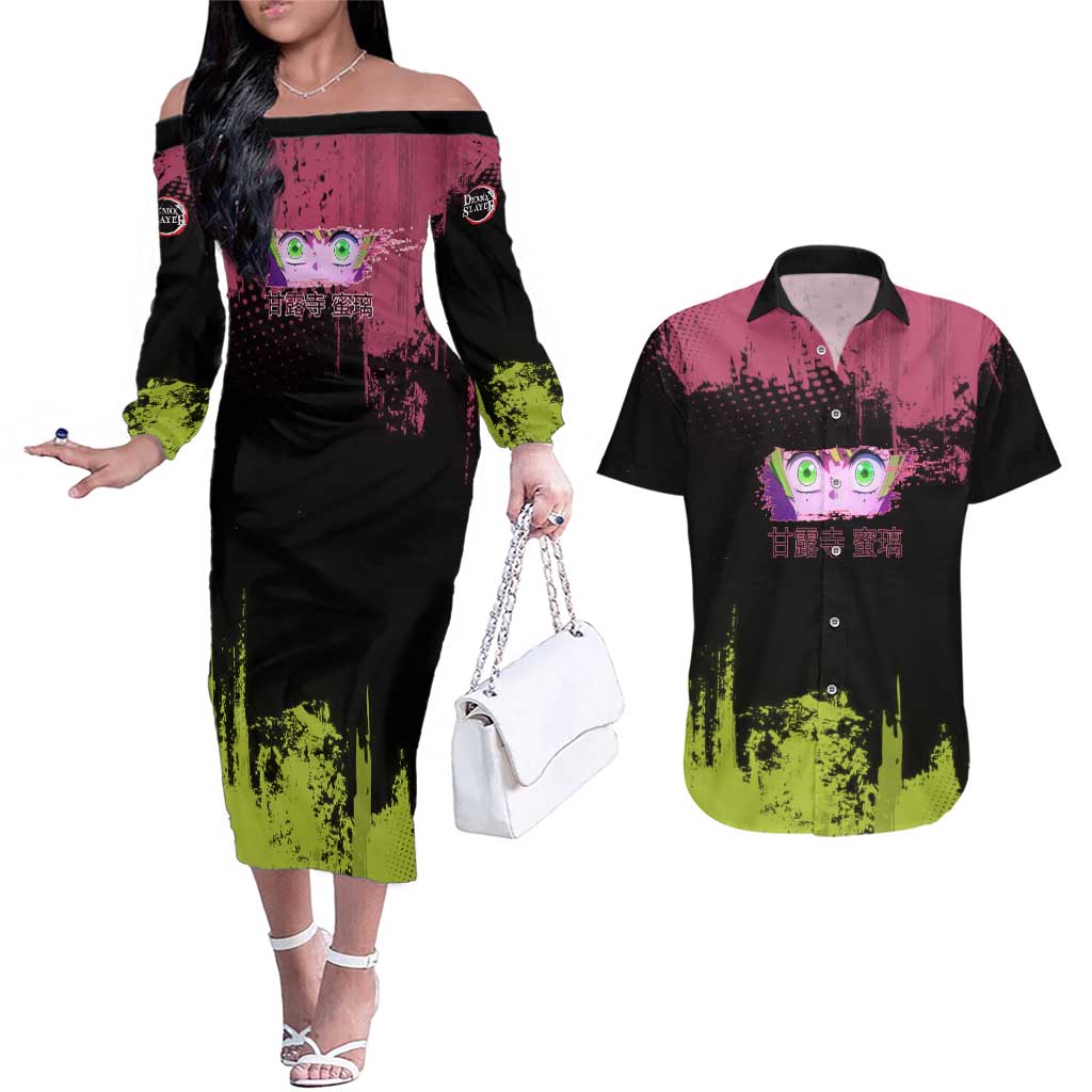 Mitsuri Kanroji Demon Slayer Pink and Green Grunge Design Couples Matching Off The Shoulder Long Sleeve Dress and Hawaiian Shirt with Heart Eyes and Playful Pose - The Mazicc