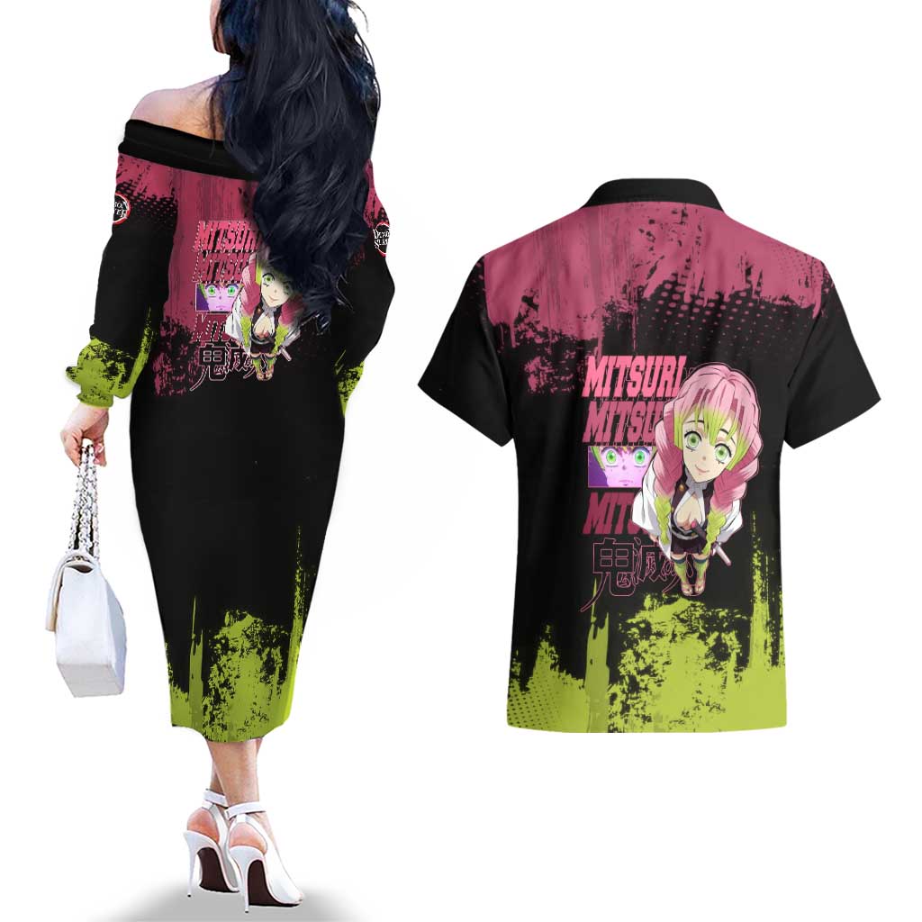 Mitsuri Kanroji Demon Slayer Pink and Green Grunge Design Couples Matching Off The Shoulder Long Sleeve Dress and Hawaiian Shirt with Heart Eyes and Playful Pose - The Mazicc