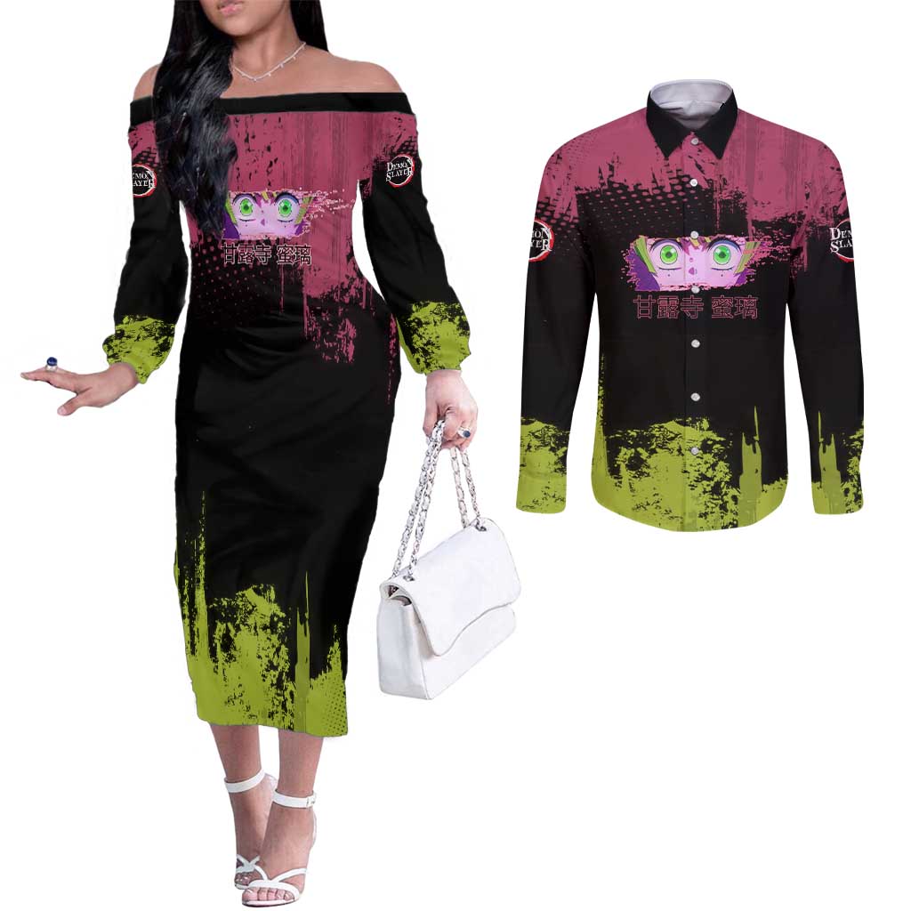 Mitsuri Kanroji Demon Slayer Pink and Green Grunge Design Couples Matching Off The Shoulder Long Sleeve Dress and Long Sleeve Button Shirt with Heart Eyes and Playful Pose - The Mazicc