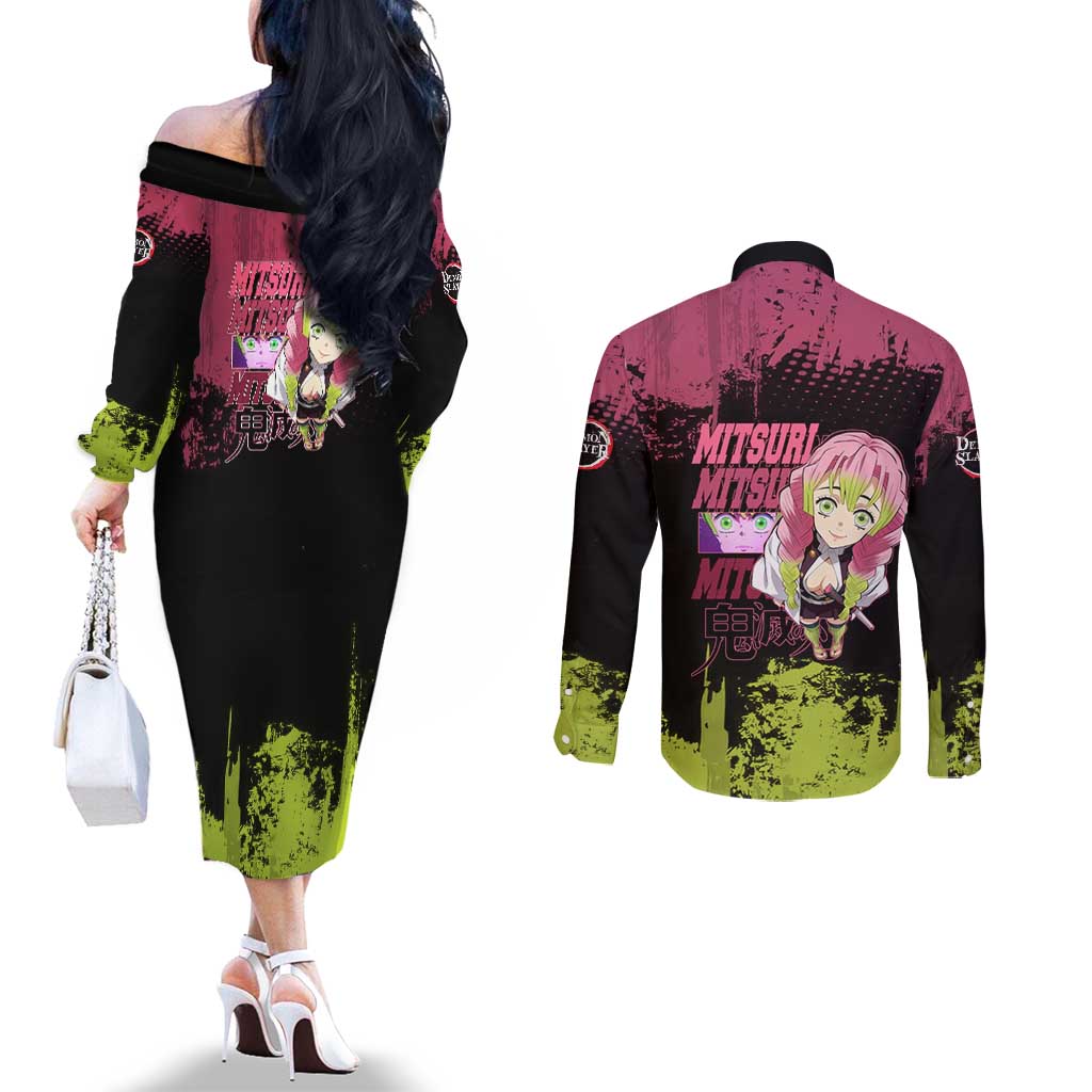 Mitsuri Kanroji Demon Slayer Pink and Green Grunge Design Couples Matching Off The Shoulder Long Sleeve Dress and Long Sleeve Button Shirt with Heart Eyes and Playful Pose - The Mazicc