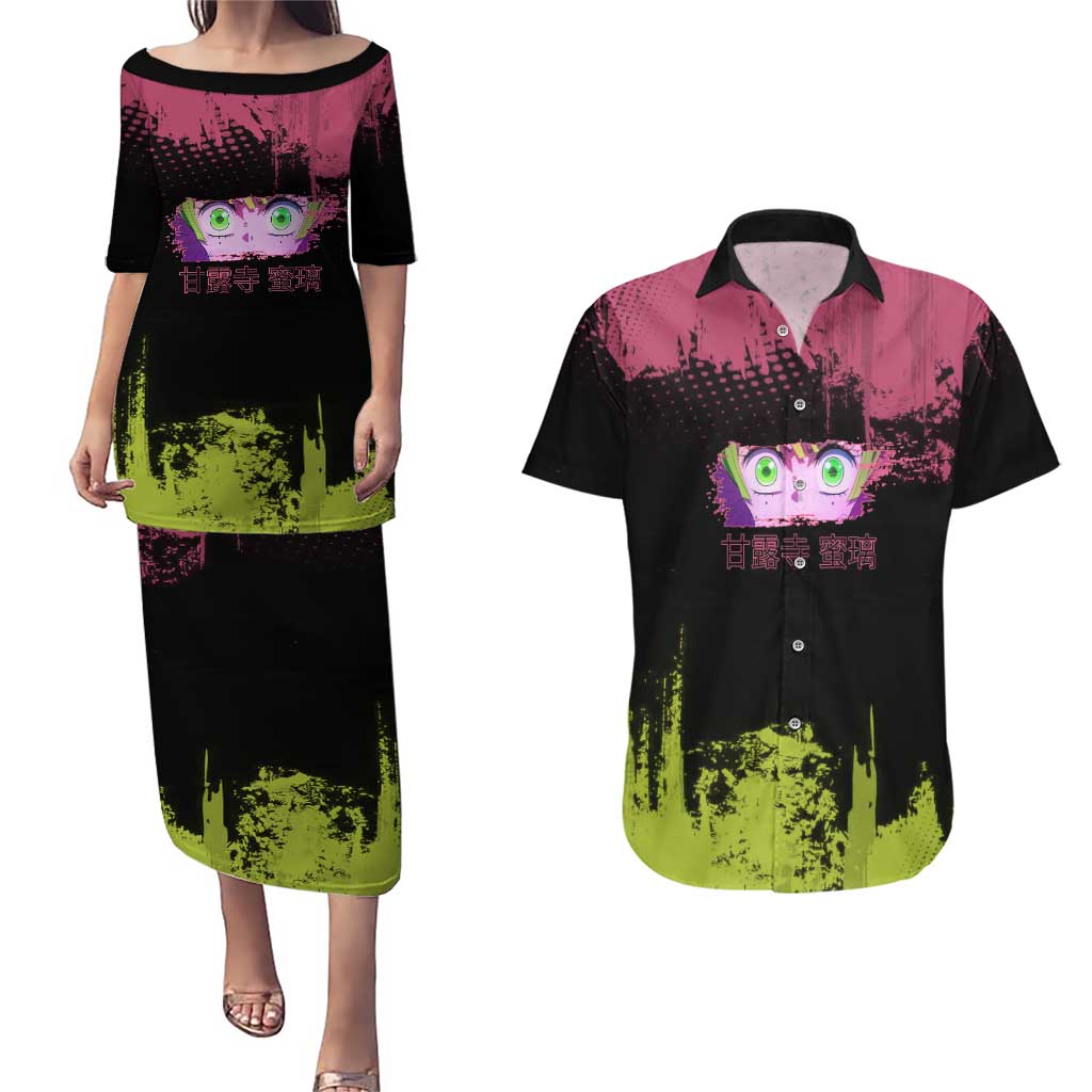 Mitsuri Kanroji Demon Slayer Pink and Green Grunge Design Couples Matching Puletasi and Hawaiian Shirt with Heart Eyes and Playful Pose - The Mazicc