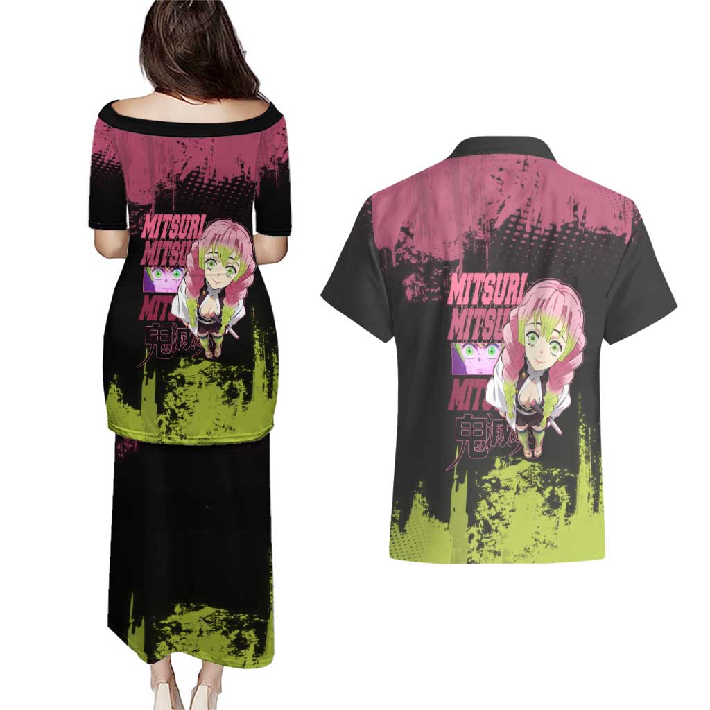 Mitsuri Kanroji Demon Slayer Pink and Green Grunge Design Couples Matching Puletasi and Hawaiian Shirt with Heart Eyes and Playful Pose - The Mazicc