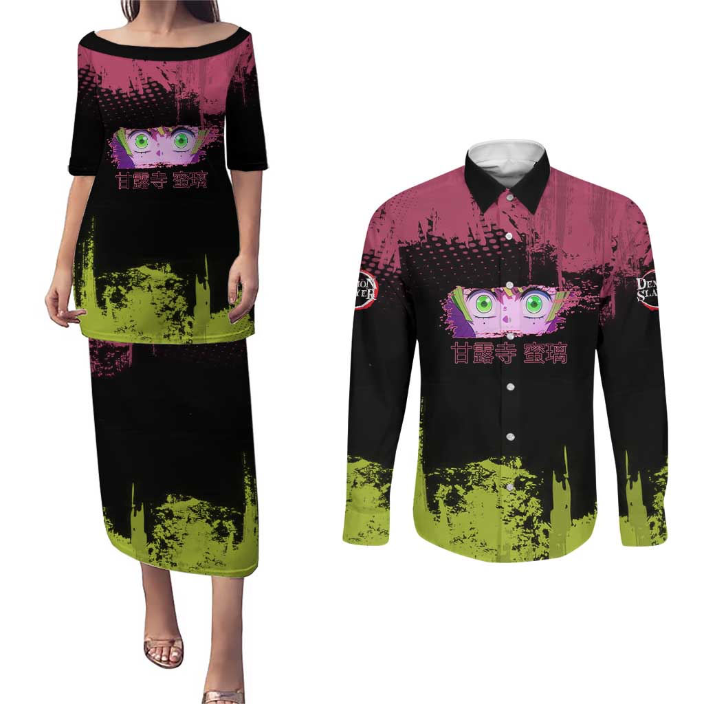 Mitsuri Kanroji Demon Slayer Pink and Green Grunge Design Couples Matching Puletasi and Long Sleeve Button Shirt with Heart Eyes and Playful Pose - The Mazicc