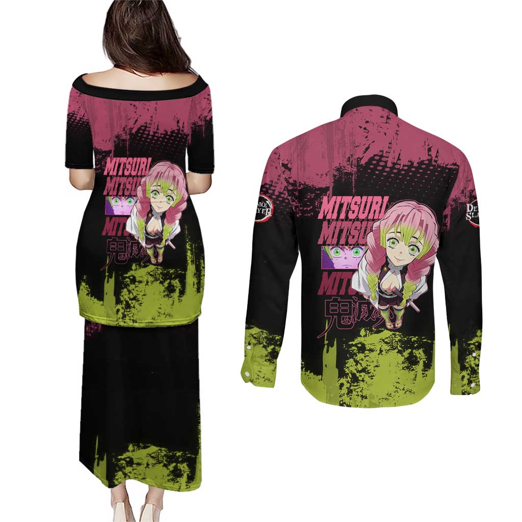 Mitsuri Kanroji Demon Slayer Pink and Green Grunge Design Couples Matching Puletasi and Long Sleeve Button Shirt with Heart Eyes and Playful Pose - The Mazicc