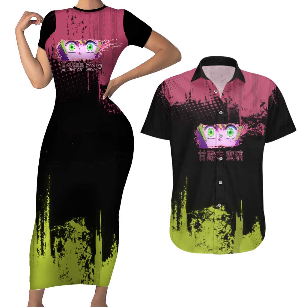 Mitsuri Kanroji Demon Slayer Pink and Green Grunge Design Couples Matching Short Sleeve Bodycon Dress and Hawaiian Shirt with Heart Eyes and Playful Pose - The Mazicc
