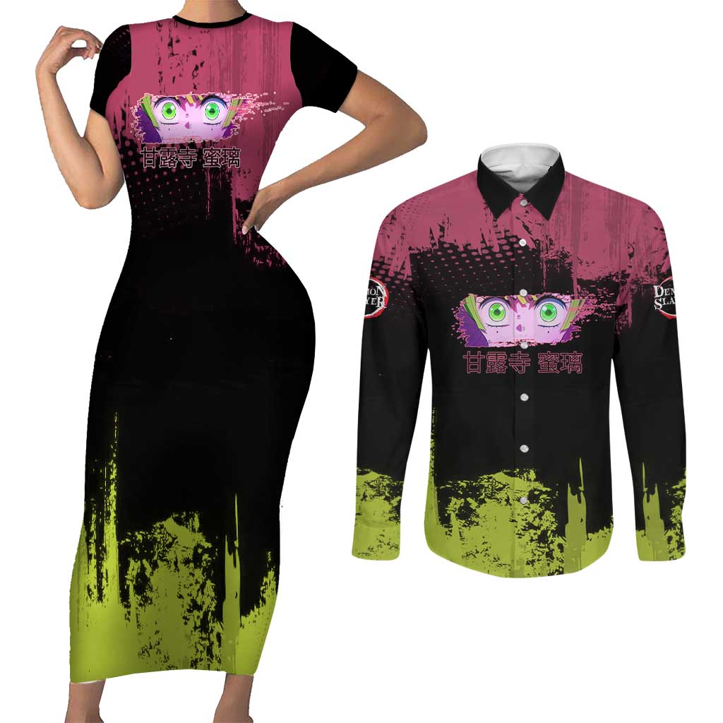 Mitsuri Kanroji Demon Slayer Pink and Green Grunge Design Couples Matching Short Sleeve Bodycon Dress and Long Sleeve Button Shirt with Heart Eyes and Playful Pose - The Mazicc