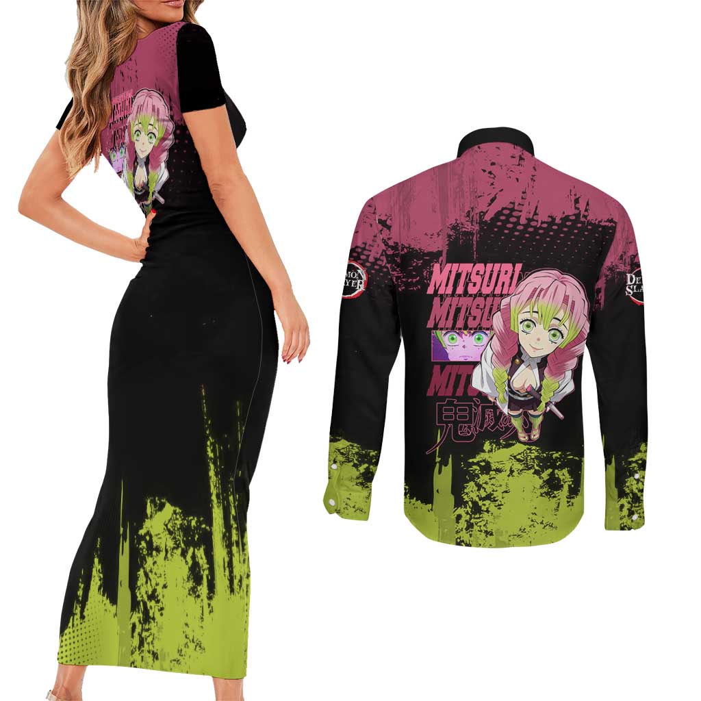 Mitsuri Kanroji Demon Slayer Pink and Green Grunge Design Couples Matching Short Sleeve Bodycon Dress and Long Sleeve Button Shirt with Heart Eyes and Playful Pose - The Mazicc