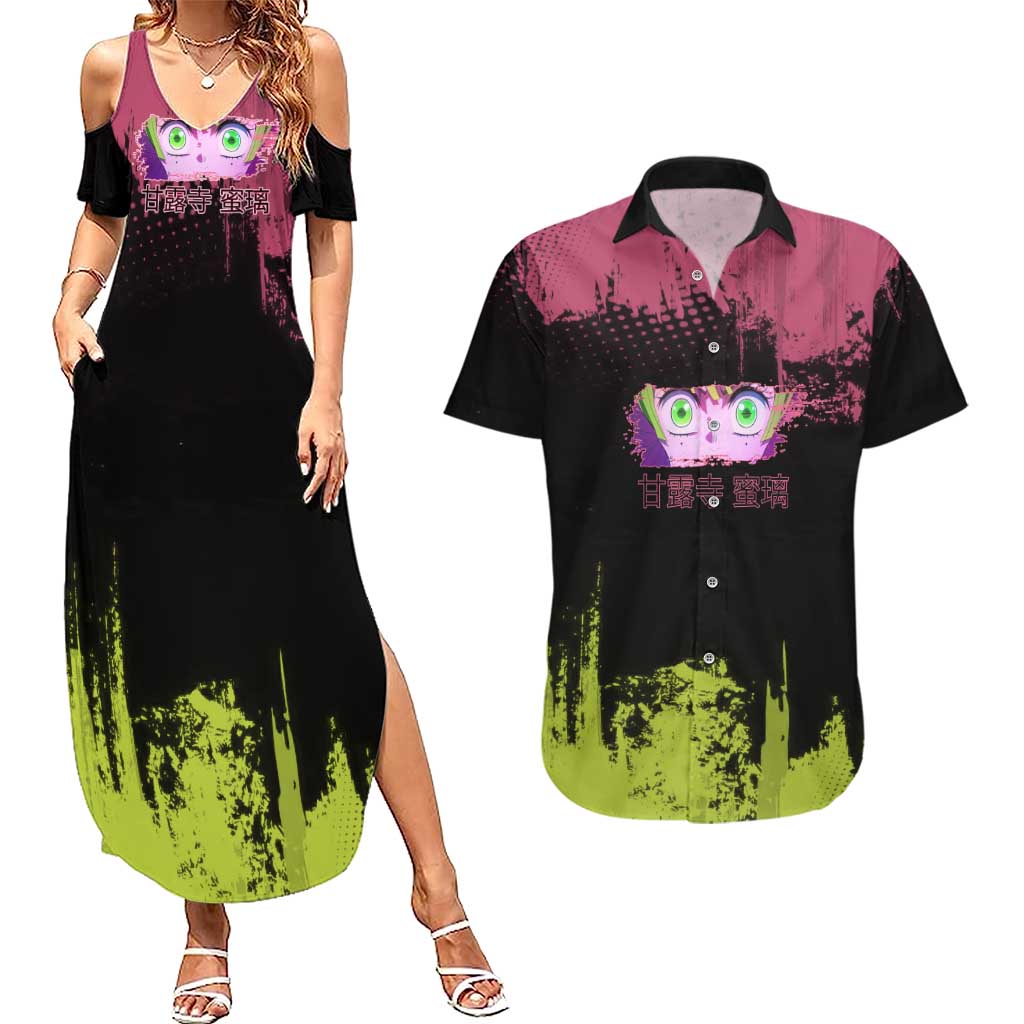 Mitsuri Kanroji Demon Slayer Pink and Green Grunge Design Couples Matching Summer Maxi Dress and Hawaiian Shirt with Heart Eyes and Playful Pose - The Mazicc