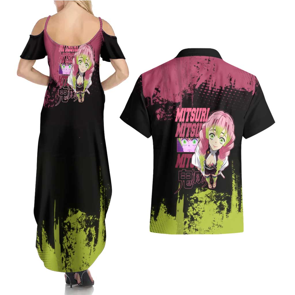 Mitsuri Kanroji Demon Slayer Pink and Green Grunge Design Couples Matching Summer Maxi Dress and Hawaiian Shirt with Heart Eyes and Playful Pose - The Mazicc