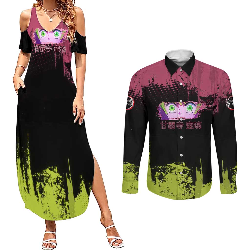 Mitsuri Kanroji Demon Slayer Pink and Green Grunge Design Couples Matching Summer Maxi Dress and Long Sleeve Button Shirt with Heart Eyes and Playful Pose - The Mazicc