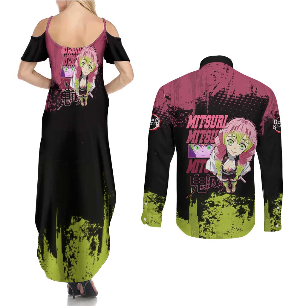 Mitsuri Kanroji Demon Slayer Pink and Green Grunge Design Couples Matching Summer Maxi Dress and Long Sleeve Button Shirt with Heart Eyes and Playful Pose - The Mazicc