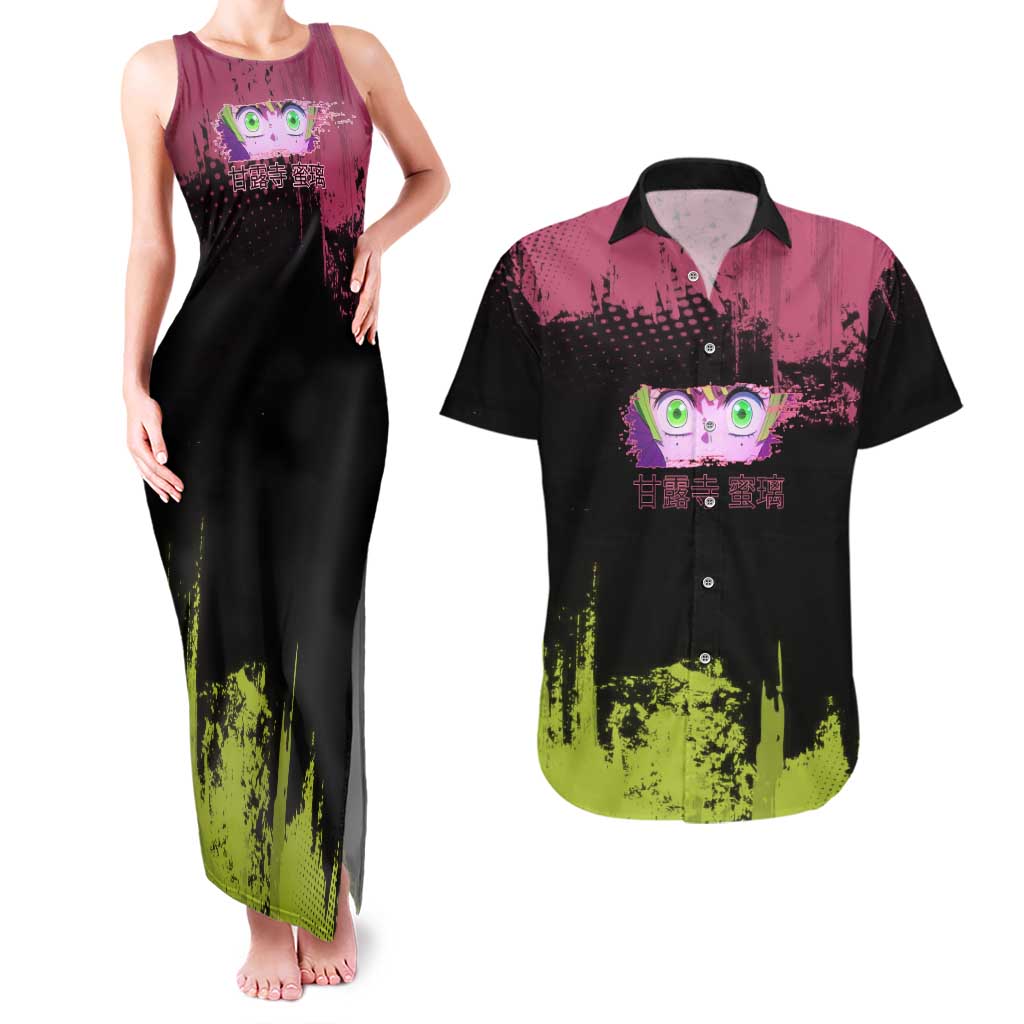 Mitsuri Kanroji Demon Slayer Pink and Green Grunge Design Couples Matching Tank Maxi Dress and Hawaiian Shirt with Heart Eyes and Playful Pose - The Mazicc