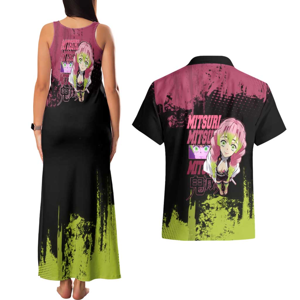 Mitsuri Kanroji Demon Slayer Pink and Green Grunge Design Couples Matching Tank Maxi Dress and Hawaiian Shirt with Heart Eyes and Playful Pose - The Mazicc