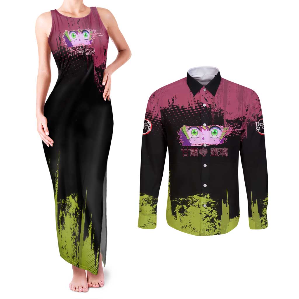 Mitsuri Kanroji Demon Slayer Pink and Green Grunge Design Couples Matching Tank Maxi Dress and Long Sleeve Button Shirt with Heart Eyes and Playful Pose - The Mazicc