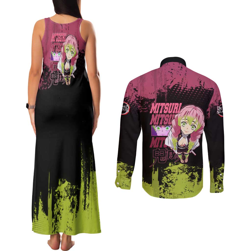 Mitsuri Kanroji Demon Slayer Pink and Green Grunge Design Couples Matching Tank Maxi Dress and Long Sleeve Button Shirt with Heart Eyes and Playful Pose - The Mazicc