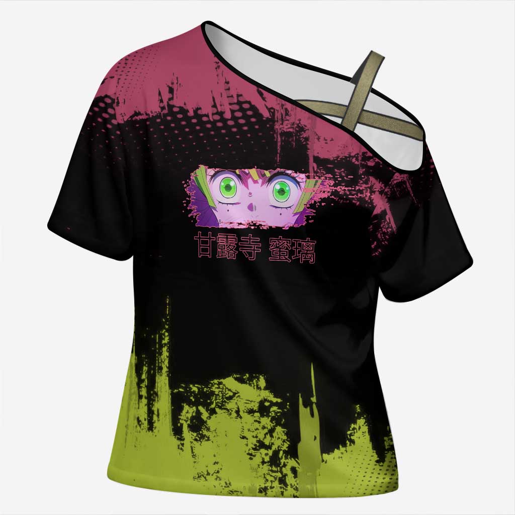 Mitsuri Kanroji Demon Slayer Pink and Green Grunge Design Cross Shoulder Shirt with Heart Eyes and Playful Pose - The Mazicc