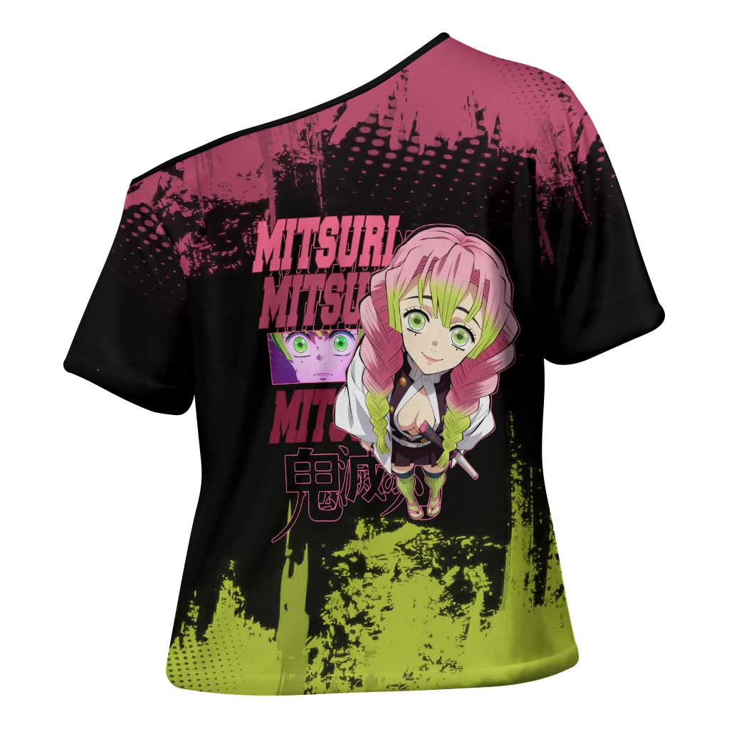 Mitsuri Kanroji Demon Slayer Pink and Green Grunge Design Cross Shoulder Shirt with Heart Eyes and Playful Pose - The Mazicc