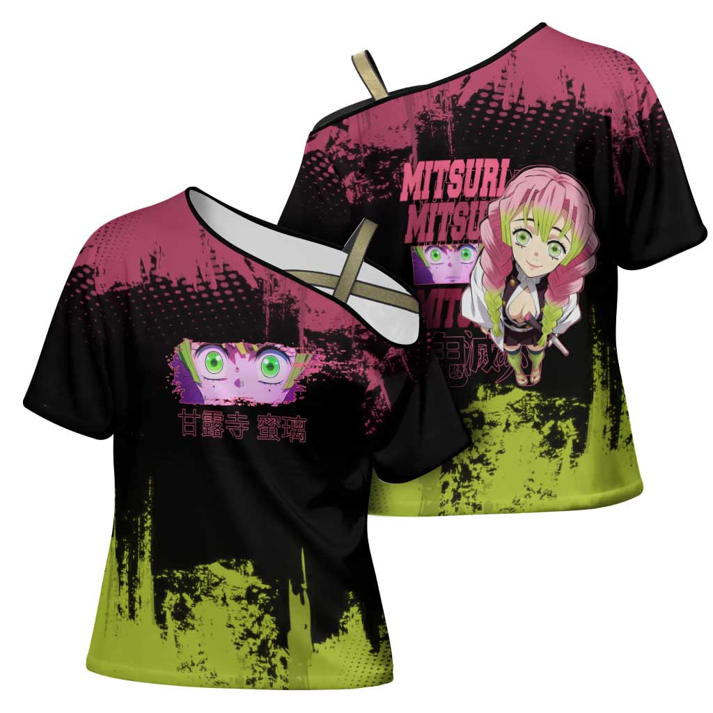 Mitsuri Kanroji Demon Slayer Pink and Green Grunge Design Cross Shoulder Shirt with Heart Eyes and Playful Pose - The Mazicc