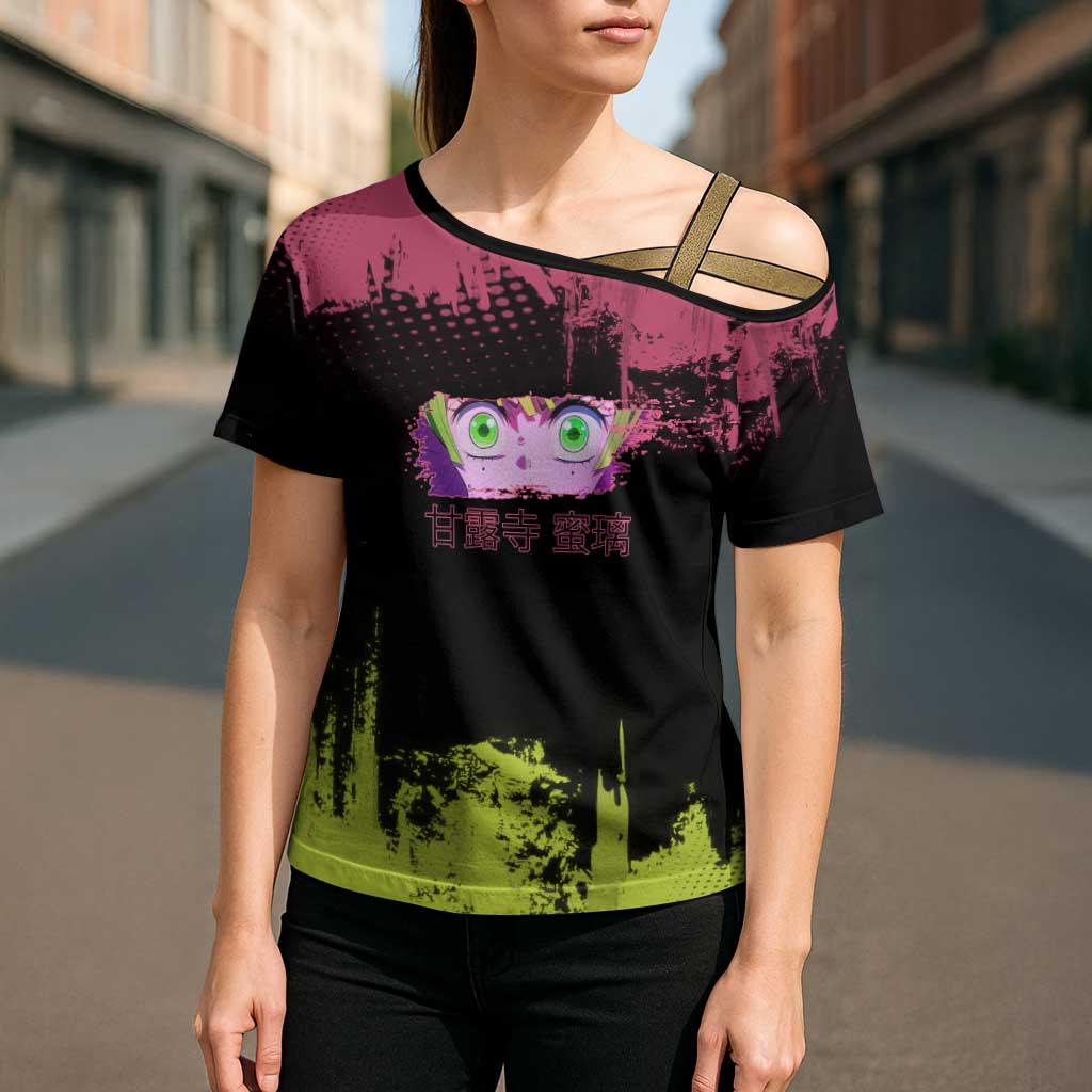 Mitsuri Kanroji Demon Slayer Pink and Green Grunge Design Cross Shoulder Shirt with Heart Eyes and Playful Pose - The Mazicc