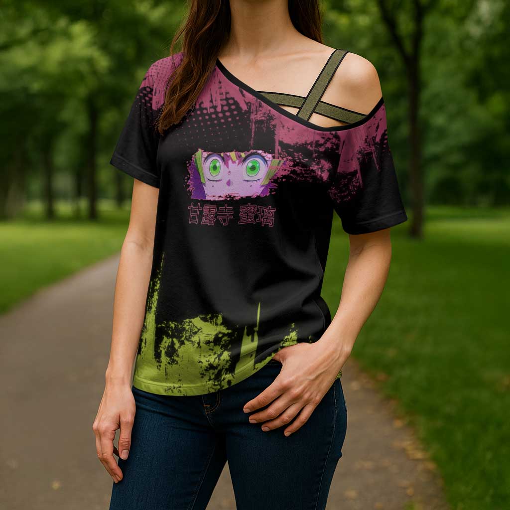 Mitsuri Kanroji Demon Slayer Pink and Green Grunge Design Cross Shoulder Shirt with Heart Eyes and Playful Pose - The Mazicc