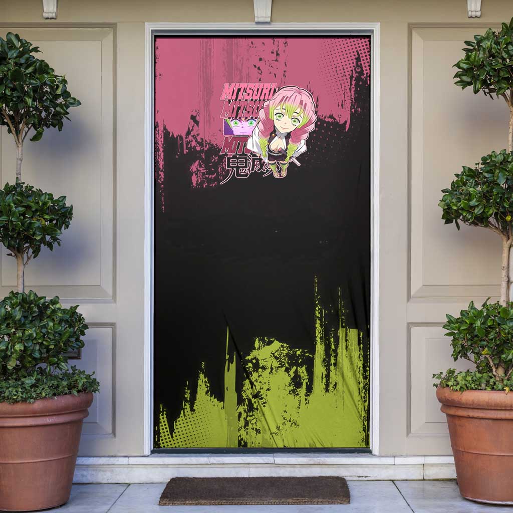 Mitsuri Kanroji Demon Slayer Pink and Green Grunge Design Door Cover with Heart Eyes and Playful Pose - The Mazicc