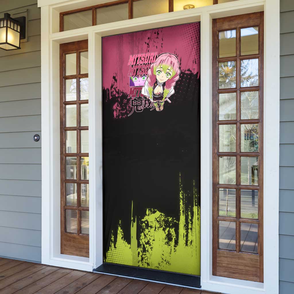 Mitsuri Kanroji Demon Slayer Pink and Green Grunge Design Door Cover with Heart Eyes and Playful Pose - The Mazicc