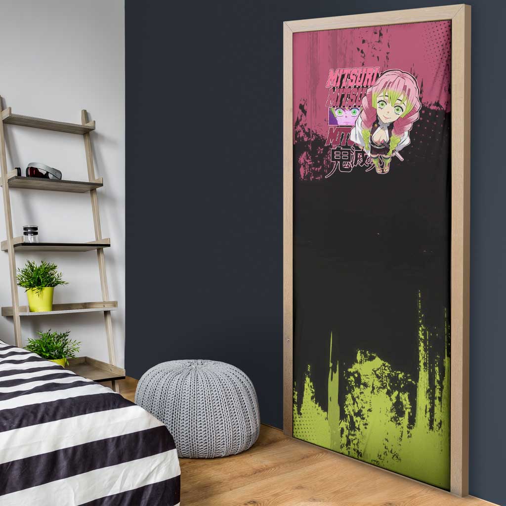 Mitsuri Kanroji Demon Slayer Pink and Green Grunge Design Door Cover with Heart Eyes and Playful Pose - The Mazicc