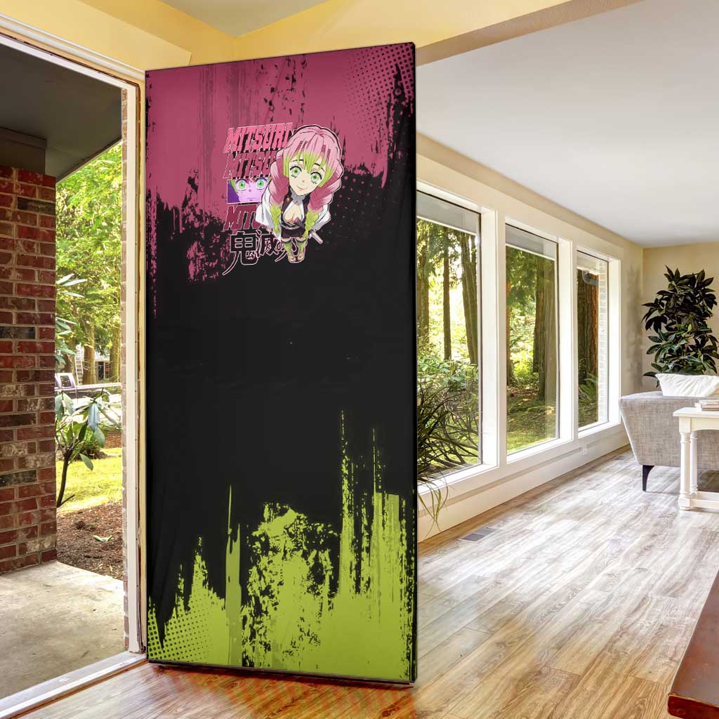Mitsuri Kanroji Demon Slayer Pink and Green Grunge Design Door Cover with Heart Eyes and Playful Pose - The Mazicc