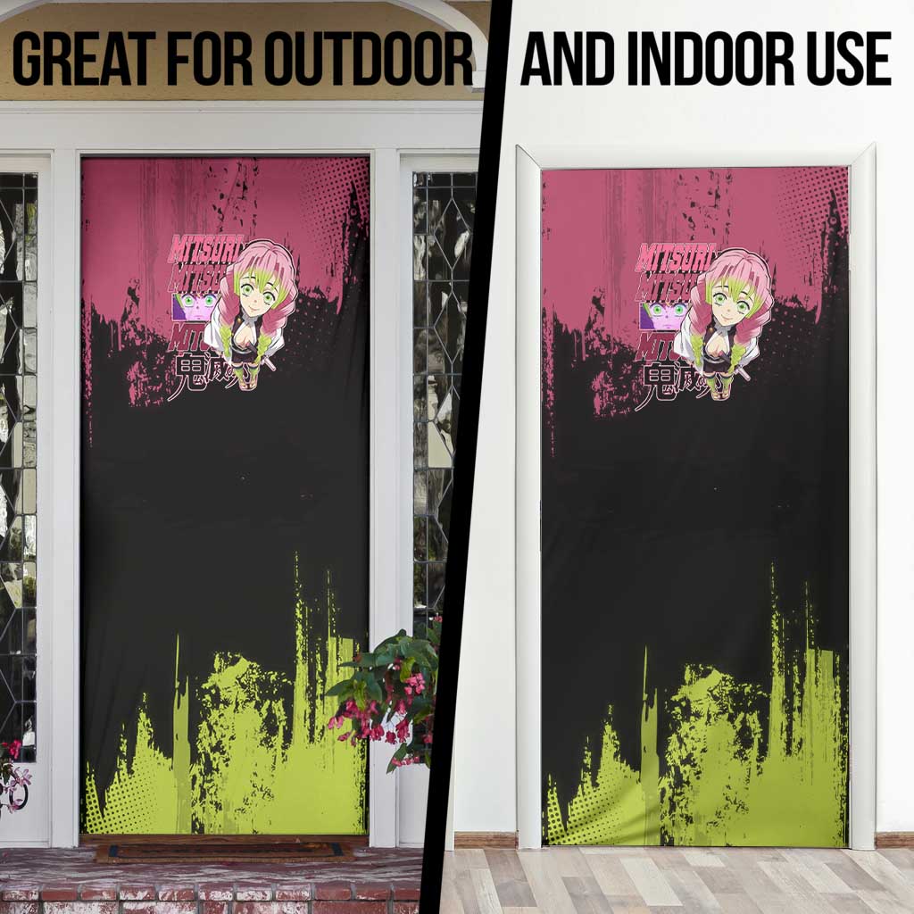Mitsuri Kanroji Demon Slayer Pink and Green Grunge Design Door Cover with Heart Eyes and Playful Pose - The Mazicc
