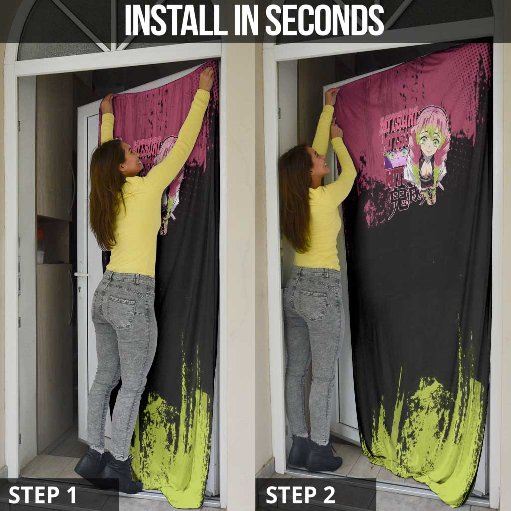 Mitsuri Kanroji Demon Slayer Pink and Green Grunge Design Door Cover with Heart Eyes and Playful Pose - The Mazicc