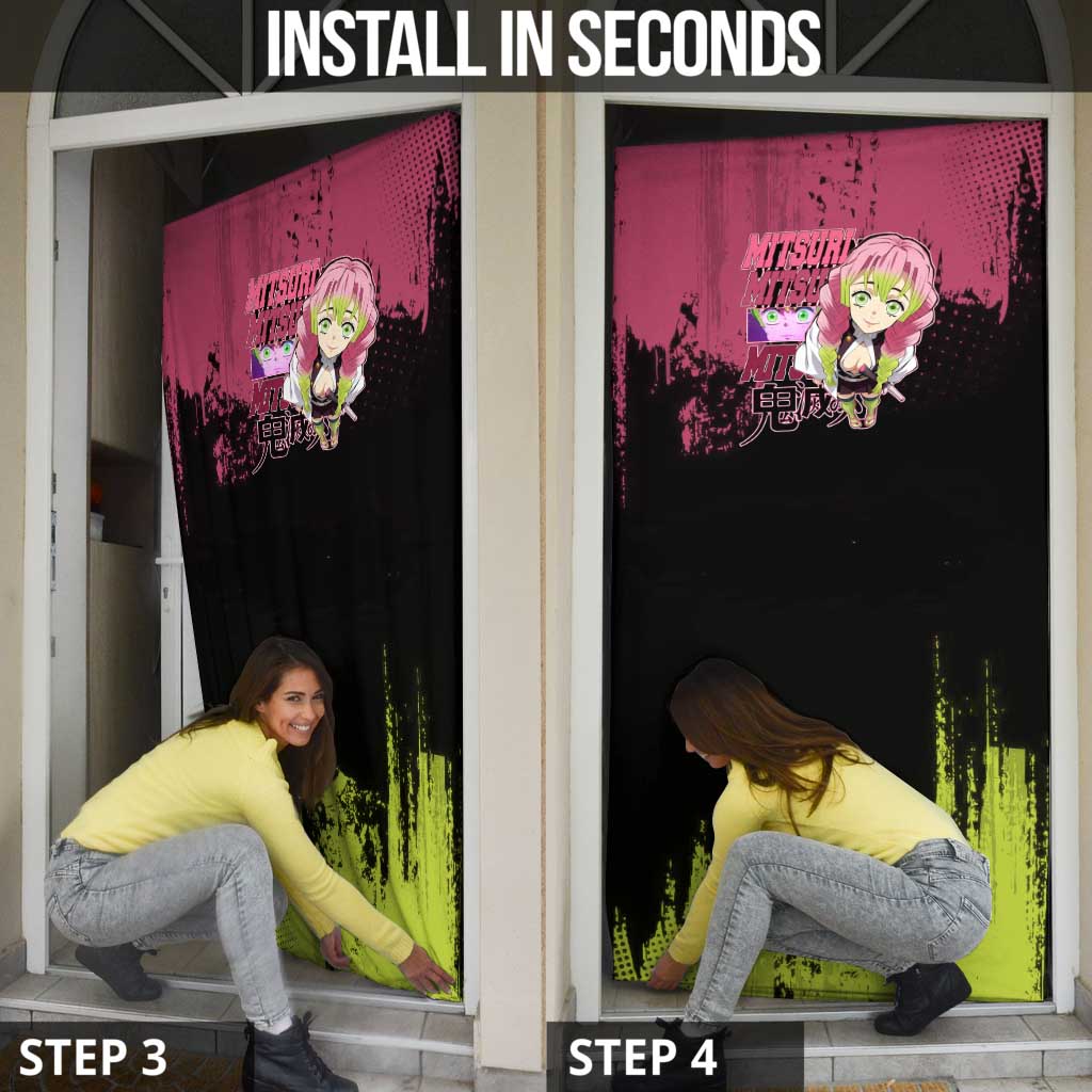 Mitsuri Kanroji Demon Slayer Pink and Green Grunge Design Door Cover with Heart Eyes and Playful Pose - The Mazicc