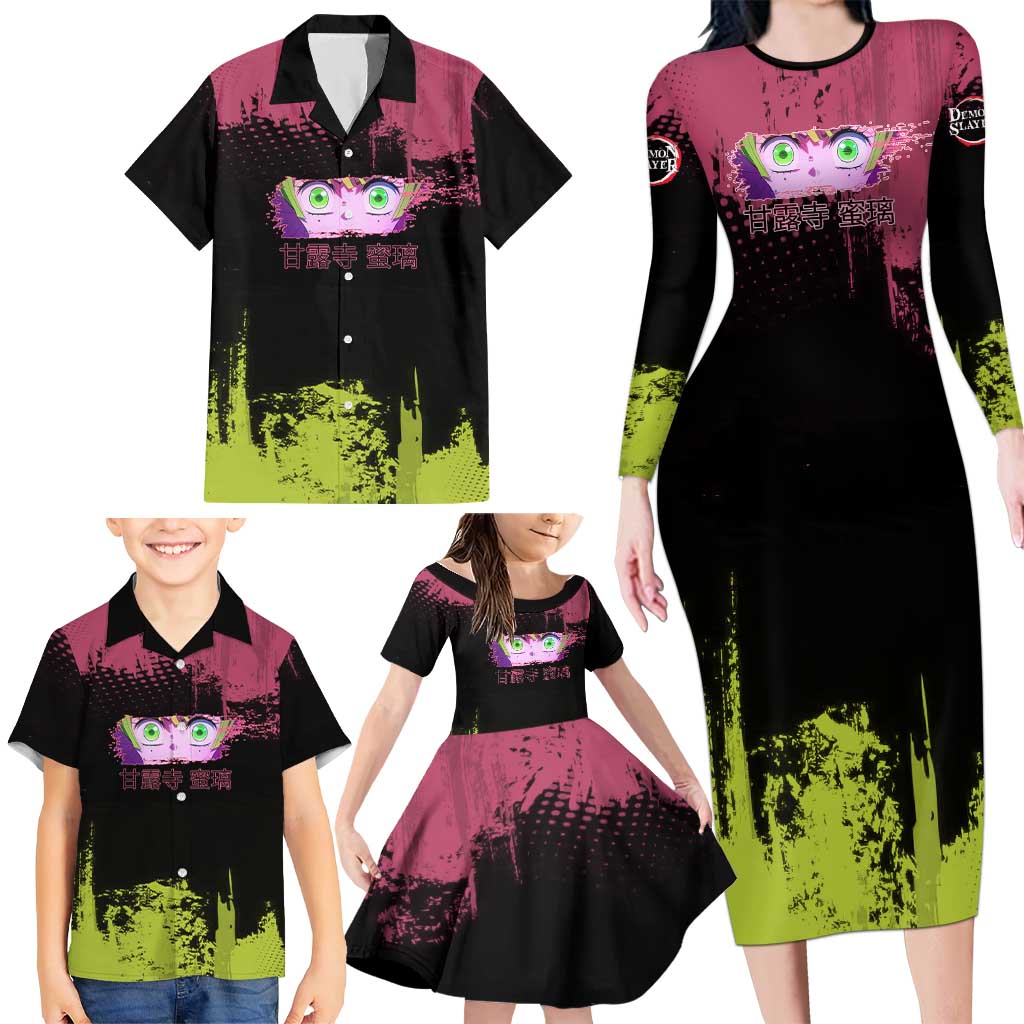 Mitsuri Kanroji Demon Slayer Pink and Green Grunge Design Family Matching Long Sleeve Bodycon Dress and Hawaiian Shirt with Heart Eyes and Playful Pose