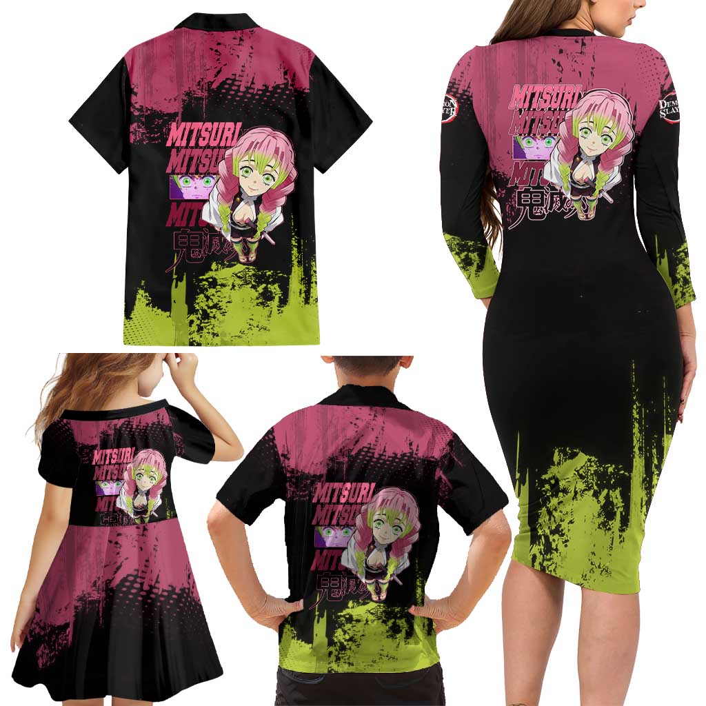 Mitsuri Kanroji Demon Slayer Pink and Green Grunge Design Family Matching Long Sleeve Bodycon Dress and Hawaiian Shirt with Heart Eyes and Playful Pose