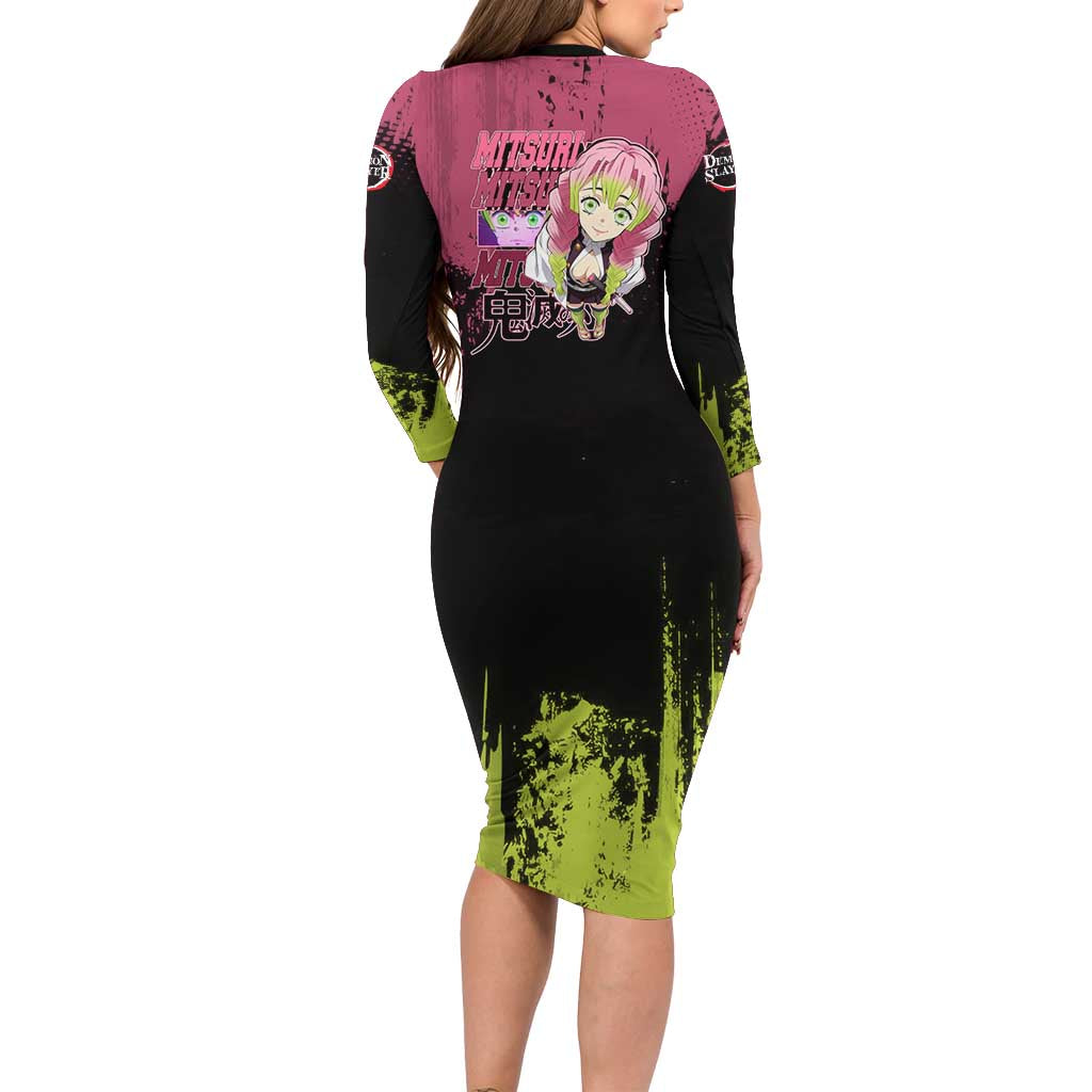Mitsuri Kanroji Demon Slayer Pink and Green Grunge Design Family Matching Long Sleeve Bodycon Dress and Hawaiian Shirt with Heart Eyes and Playful Pose