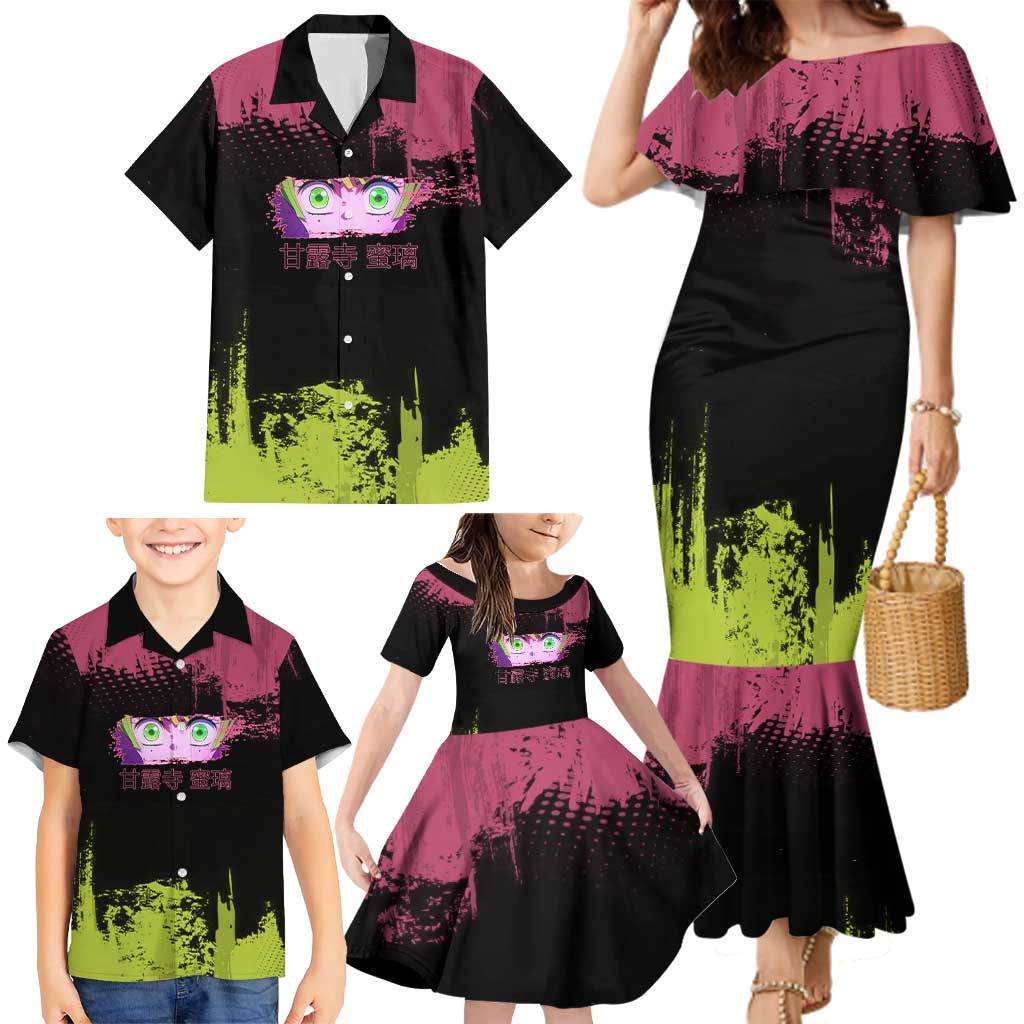 Mitsuri Kanroji Demon Slayer Pink and Green Grunge Design Family Matching Mermaid Dress and Hawaiian Shirt with Heart Eyes and Playful Pose