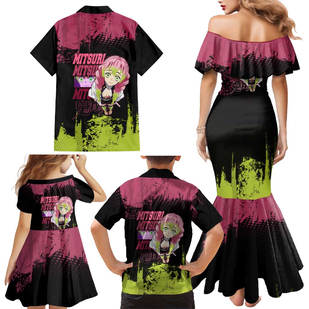 Mitsuri Kanroji Demon Slayer Pink and Green Grunge Design Family Matching Mermaid Dress and Hawaiian Shirt with Heart Eyes and Playful Pose