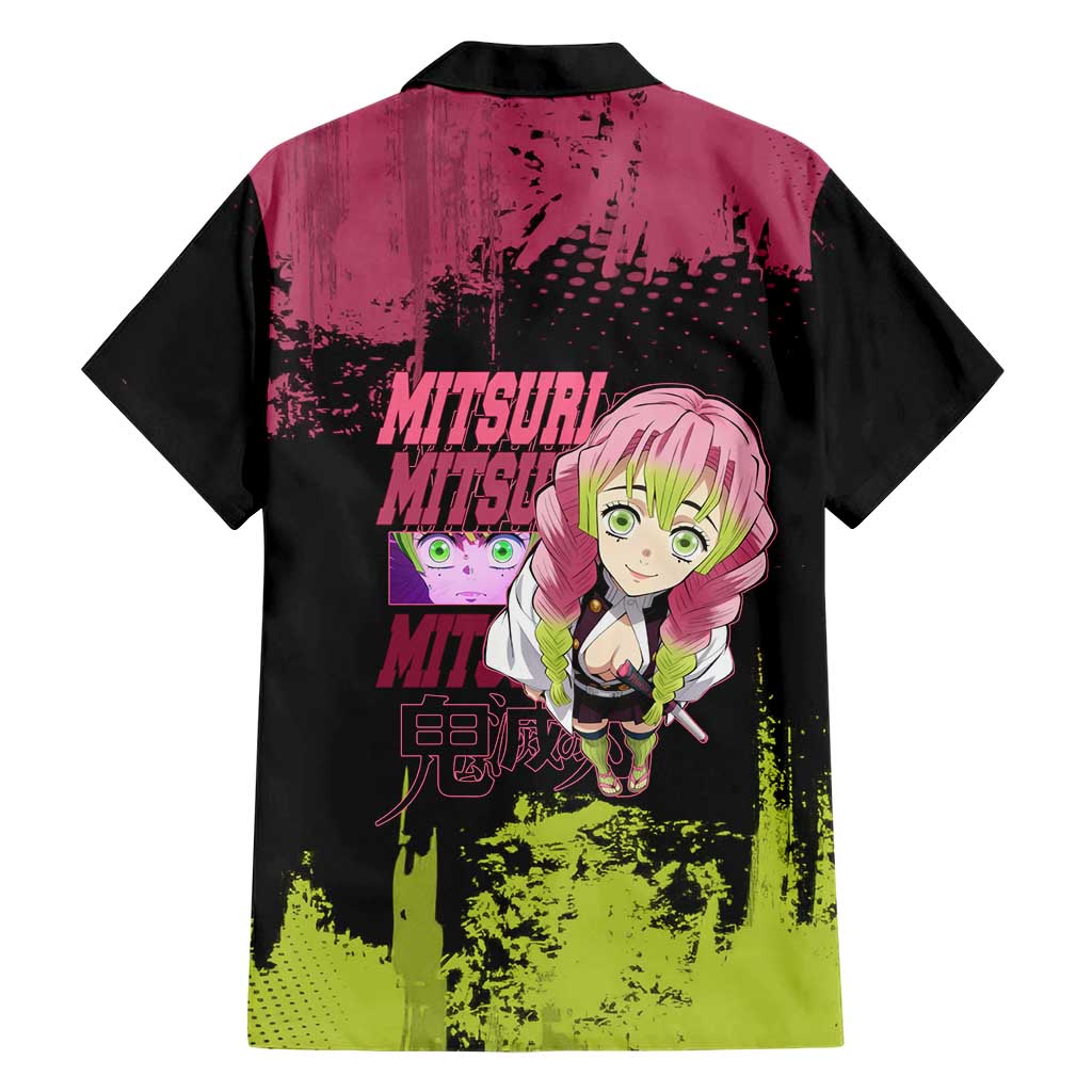 Mitsuri Kanroji Demon Slayer Pink and Green Grunge Design Family Matching Mermaid Dress and Hawaiian Shirt with Heart Eyes and Playful Pose