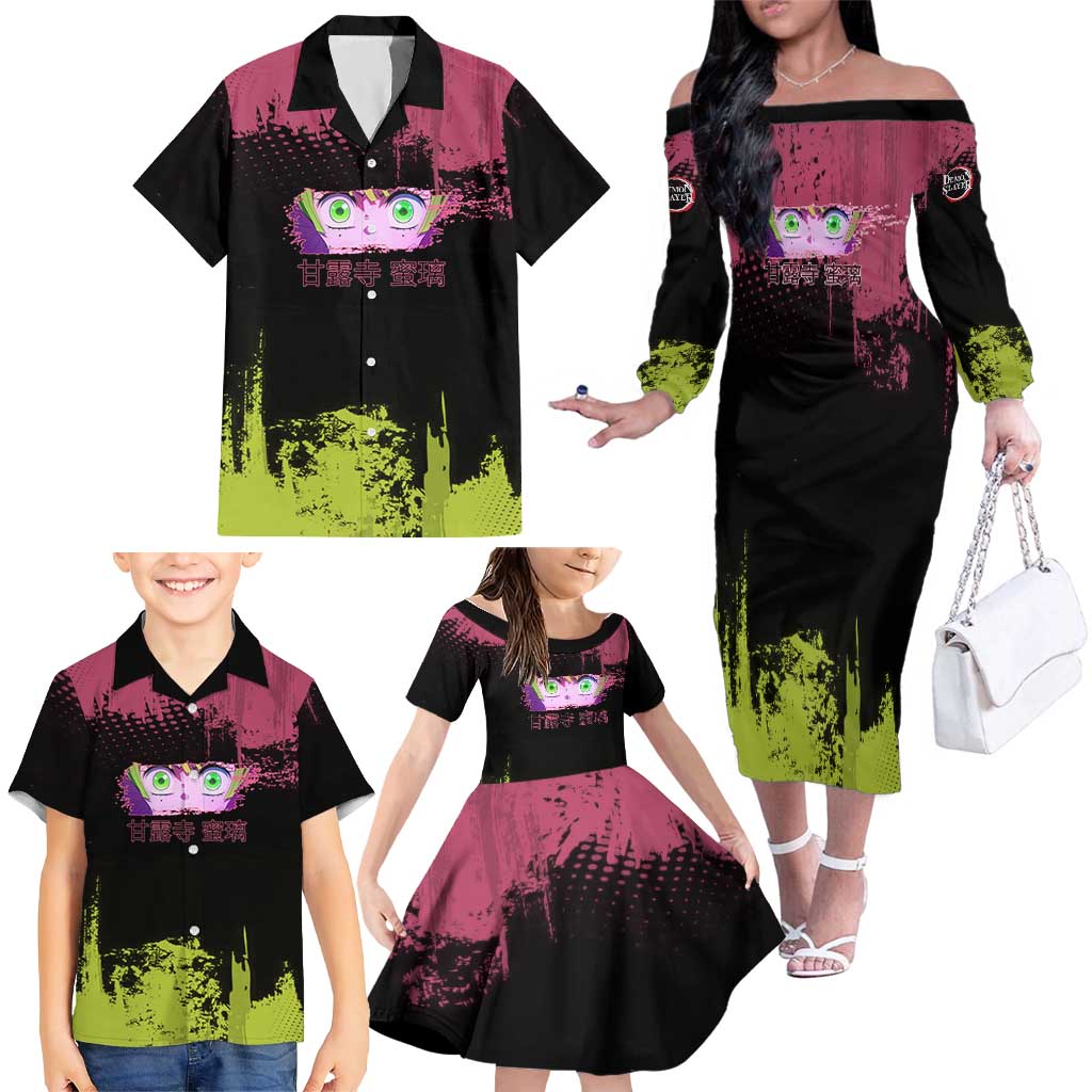 Mitsuri Kanroji Demon Slayer Pink and Green Grunge Design Family Matching Off The Shoulder Long Sleeve Dress and Hawaiian Shirt with Heart Eyes and Playful Pose