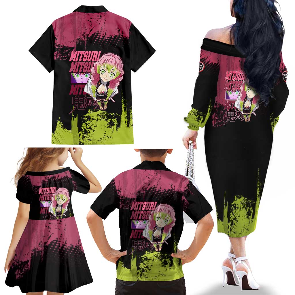 Mitsuri Kanroji Demon Slayer Pink and Green Grunge Design Family Matching Off The Shoulder Long Sleeve Dress and Hawaiian Shirt with Heart Eyes and Playful Pose