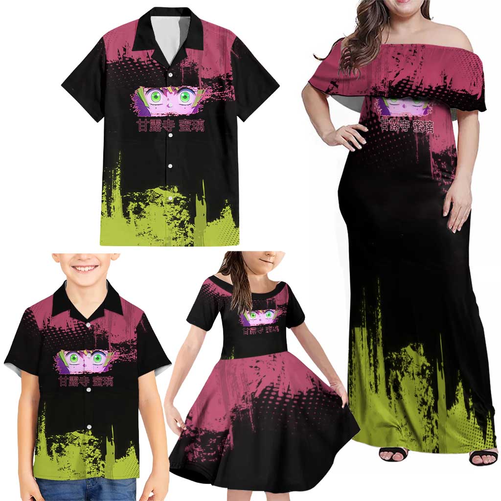 Mitsuri Kanroji Demon Slayer Pink and Green Grunge Design Family Matching Off Shoulder Maxi Dress and Hawaiian Shirt with Heart Eyes and Playful Pose