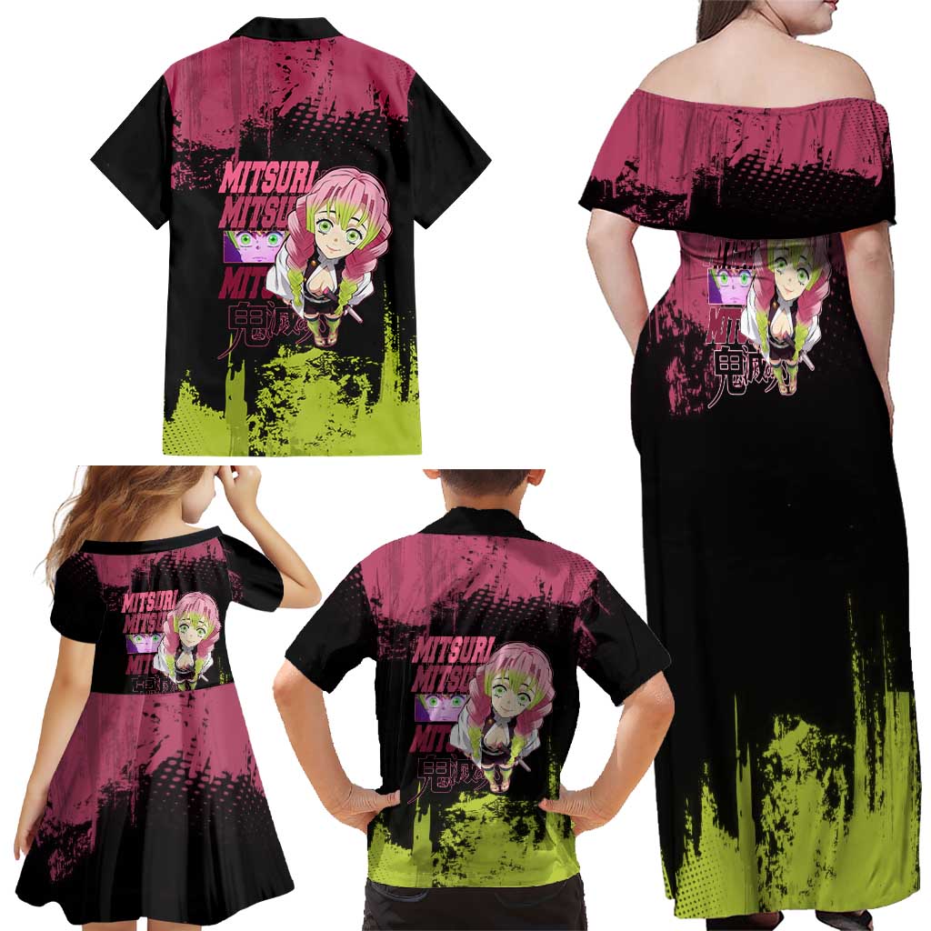 Mitsuri Kanroji Demon Slayer Pink and Green Grunge Design Family Matching Off Shoulder Maxi Dress and Hawaiian Shirt with Heart Eyes and Playful Pose