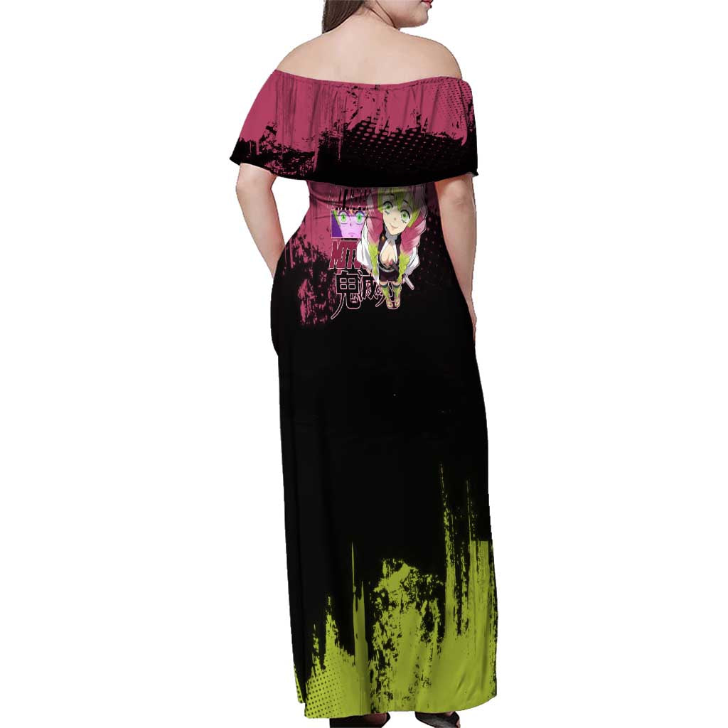 Mitsuri Kanroji Demon Slayer Pink and Green Grunge Design Family Matching Off Shoulder Maxi Dress and Hawaiian Shirt with Heart Eyes and Playful Pose