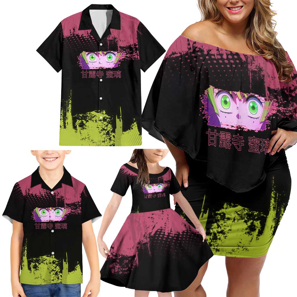 Mitsuri Kanroji Demon Slayer Pink and Green Grunge Design Family Matching Off Shoulder Short Dress and Hawaiian Shirt with Heart Eyes and Playful Pose