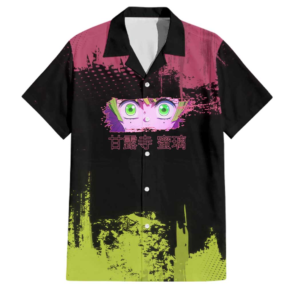 Mitsuri Kanroji Demon Slayer Pink and Green Grunge Design Family Matching Off Shoulder Short Dress and Hawaiian Shirt with Heart Eyes and Playful Pose
